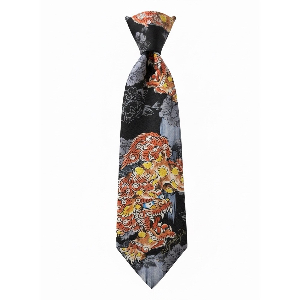 Ed Hardy Mens 100% Silk Tie Dragon Tattoo Black Orange Y2K‎ 2000s Streetwear AOP